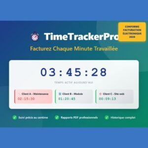 Interface du module TimeTrackerPro pour PrestaShop affichant le dashboard de suivi du temps avec chronomètre actif, projets clients et badge de conformité facturation électronique 2026
